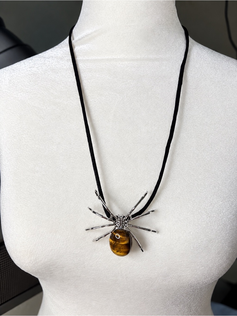 Natural Tiger Eye Spider Adjustable Satin Rope Necklace Handmade